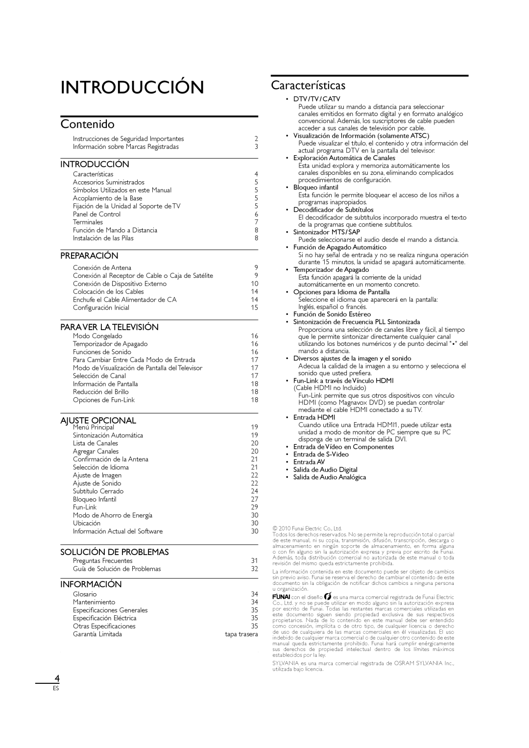 Sylvania LC320SS1 owner manual Introducción, Contenido, Características 