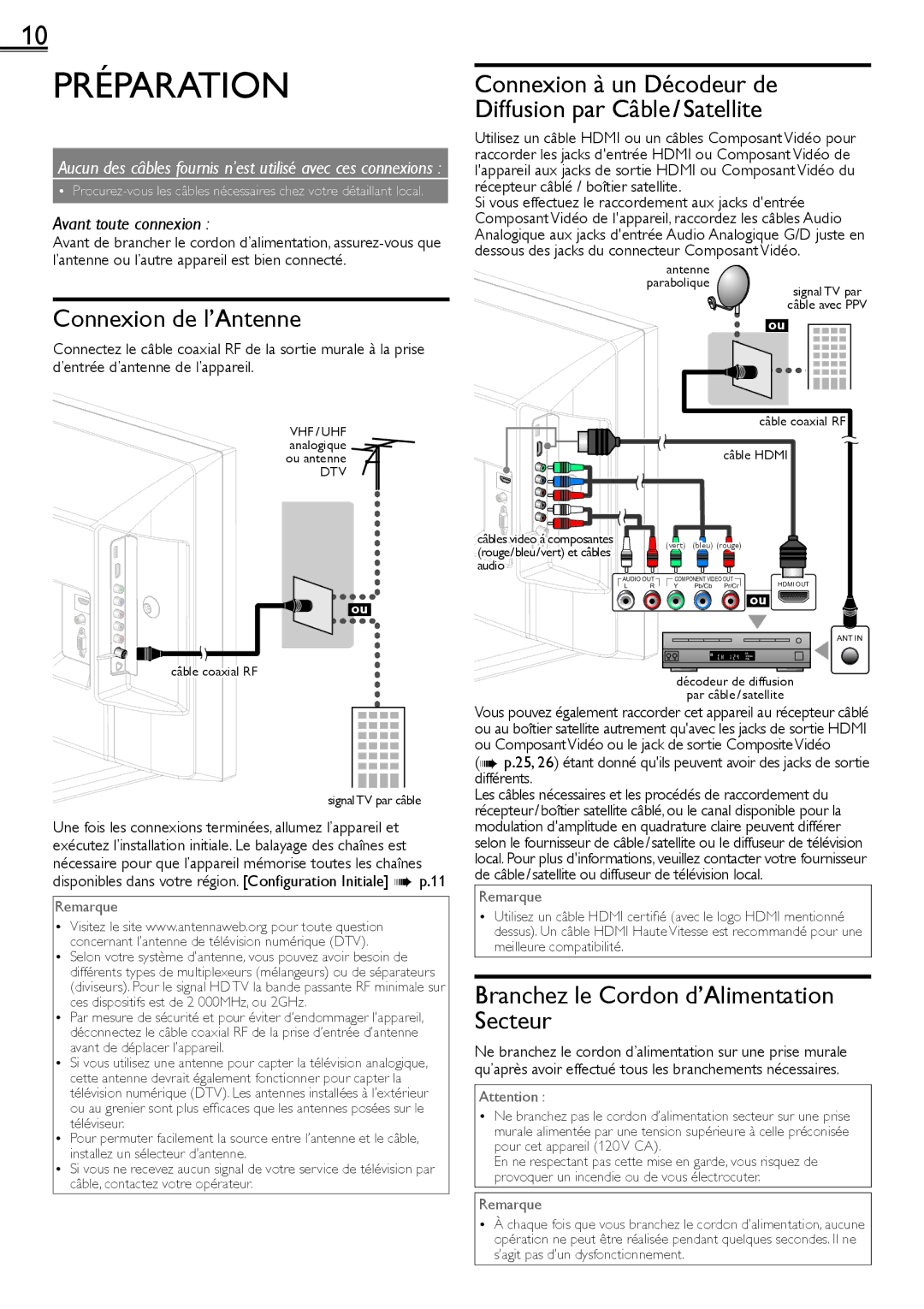 Sylvania LC320SS2 owner manual Préparation, Connexion de l’Antenne, Branchez le Cordon d’Alimentation Secteur 