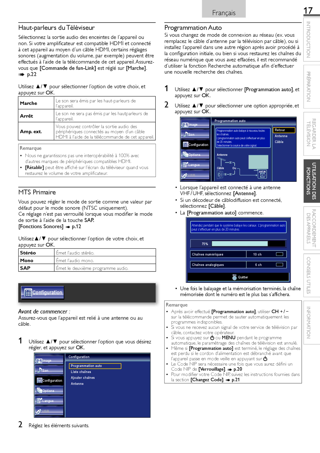 Sylvania LC320SS2 owner manual Haut-parleurs du Téléviseur, Programmation Auto, MTS Primaire 