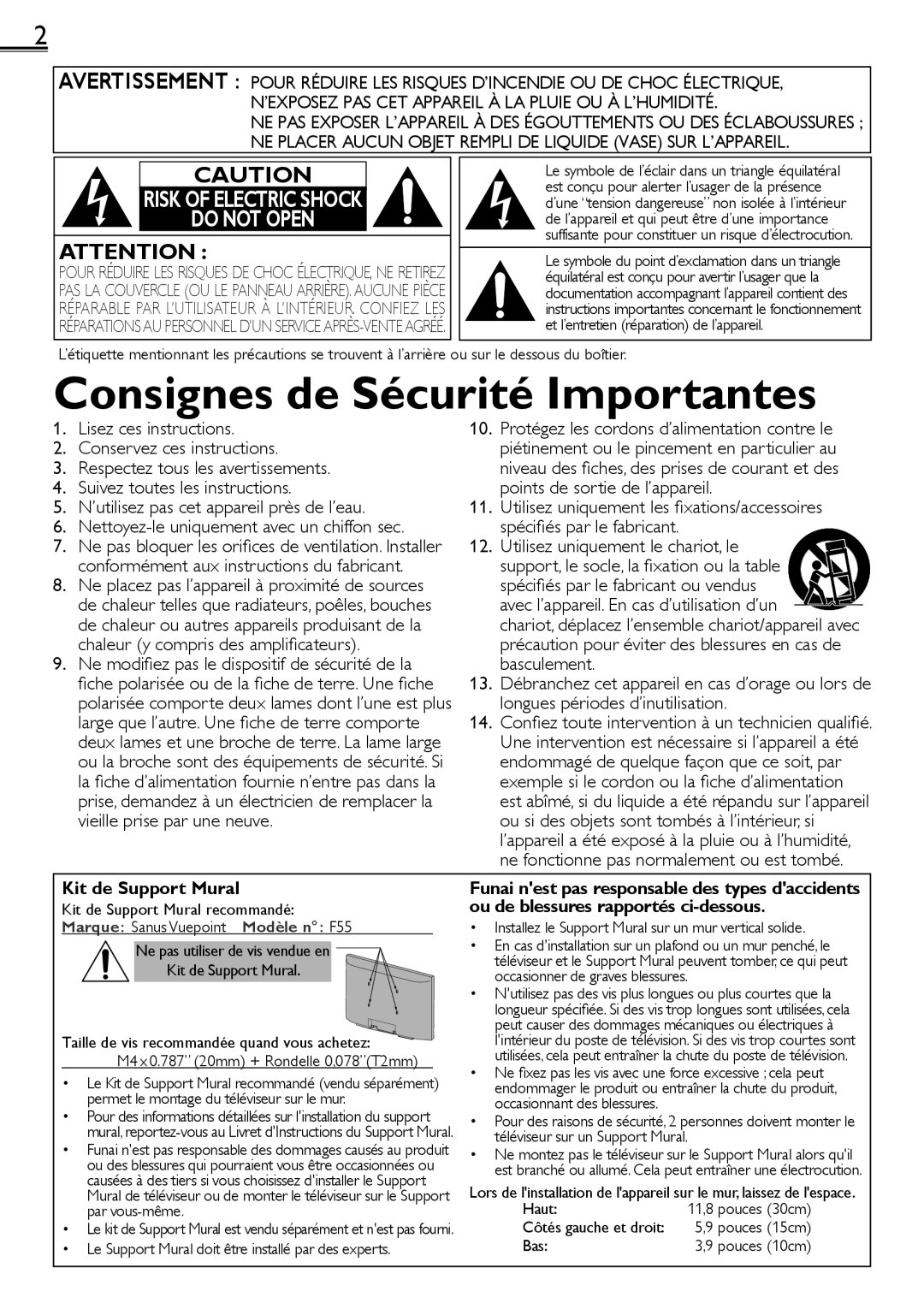 Sylvania LC320SS2 owner manual Ne modiﬁez pas le dispositif de sécurité de la, Kit de Support Mural recommandé, Haut, Bas 