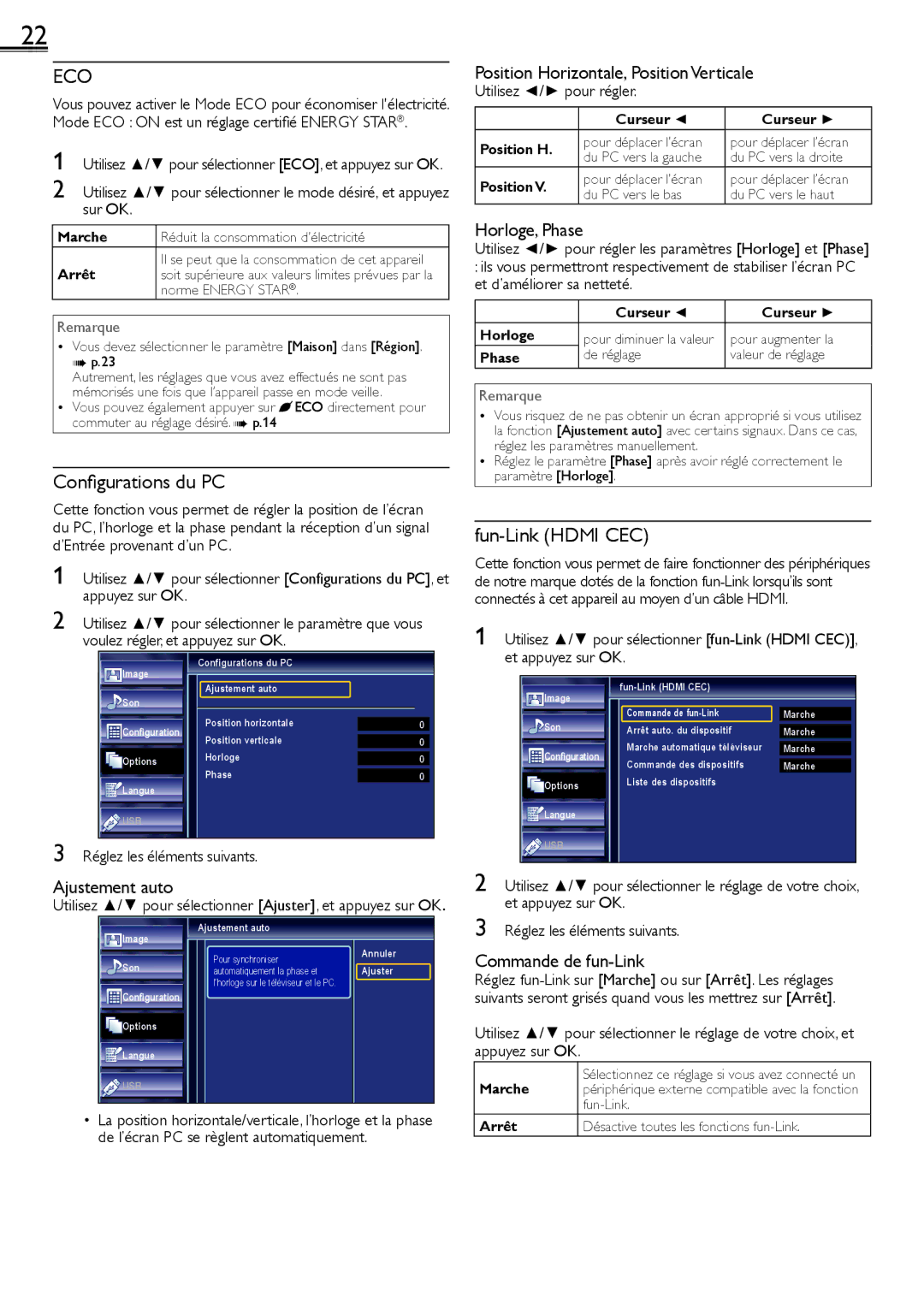 Sylvania LC320SS2 owner manual Conﬁgurations du PC, Fun-Link Hdmi CEC 