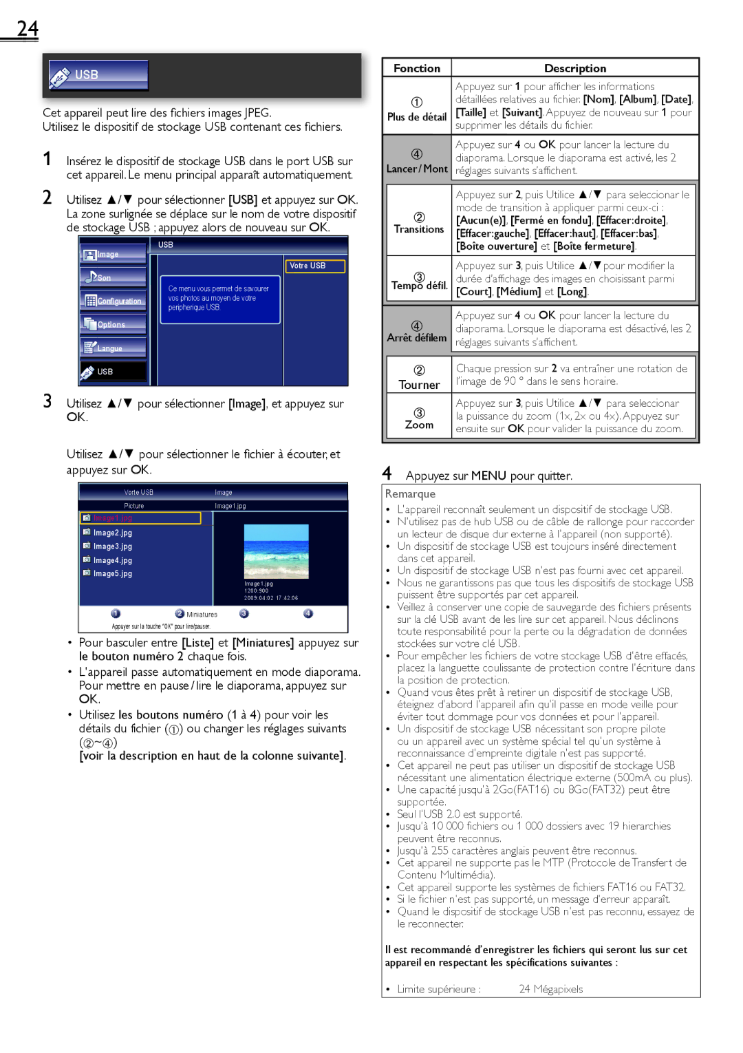 Sylvania LC320SS2 Cet appareil peut lire des ﬁchiers images Jpeg, Appuyez sur Menu pour quitter, Fonction Description 