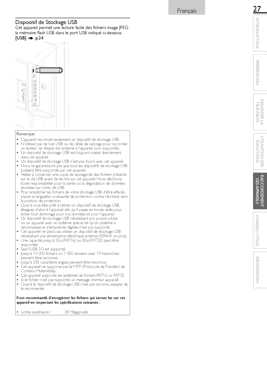 Sylvania LC320SS2 owner manual Dispositif de Stockage USB, Lappareil reconnaît seulement un dispositif de stockage USB 