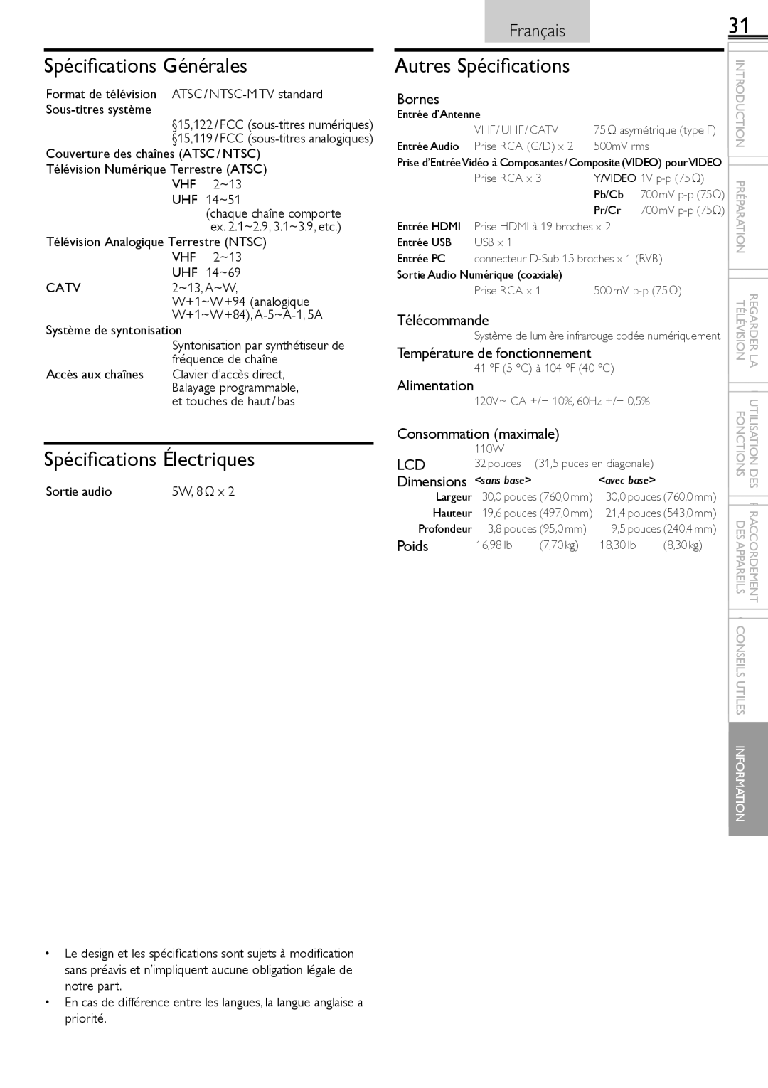 Sylvania LC320SS2 owner manual Spéciﬁcations Générales, Spéciﬁcations Électriques, Autres Spéciﬁcations 