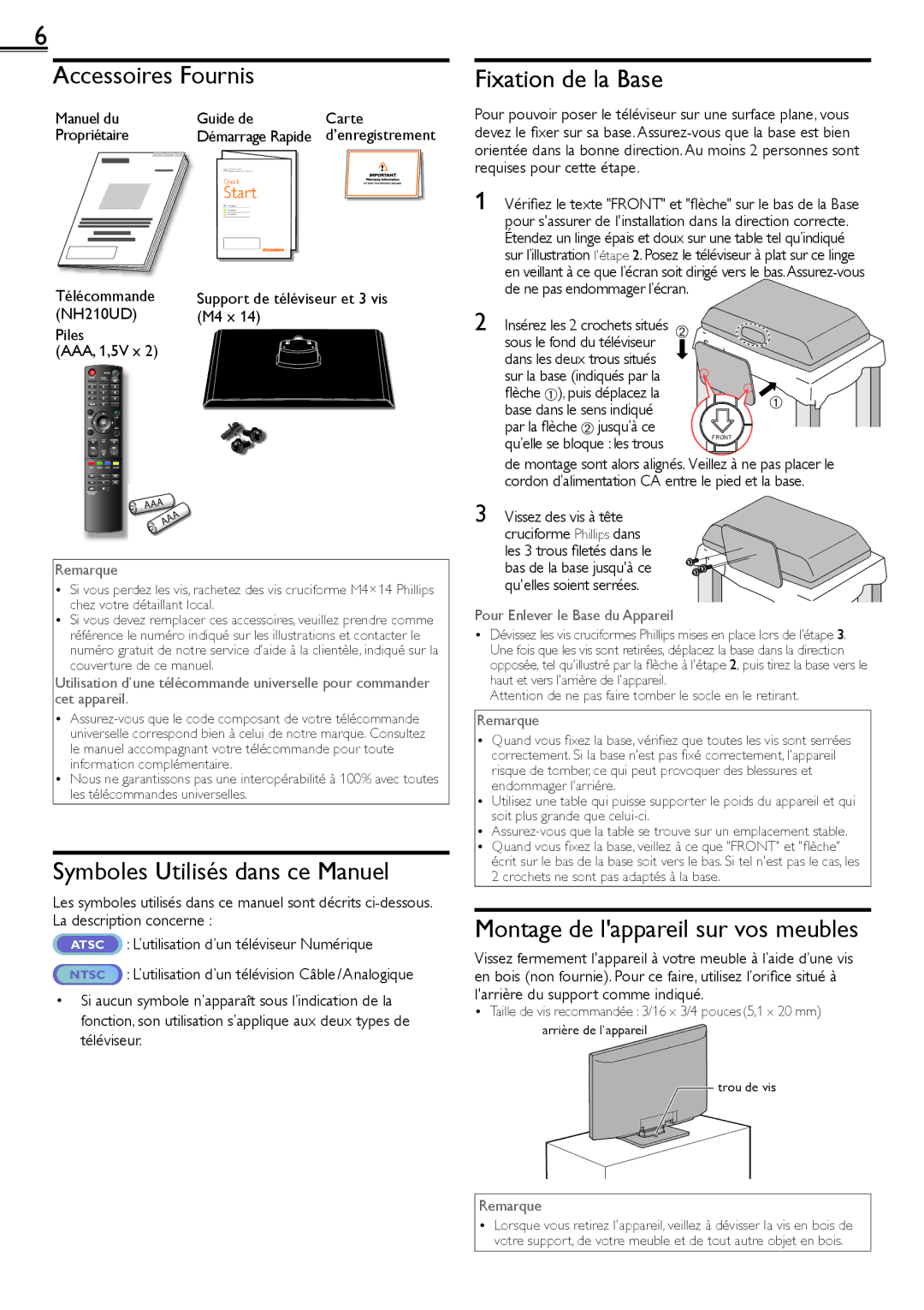 Sylvania LC320SS2 owner manual Accessoires Fournis, Fixation de la Base, Symboles Utilisés dans ce Manuel 