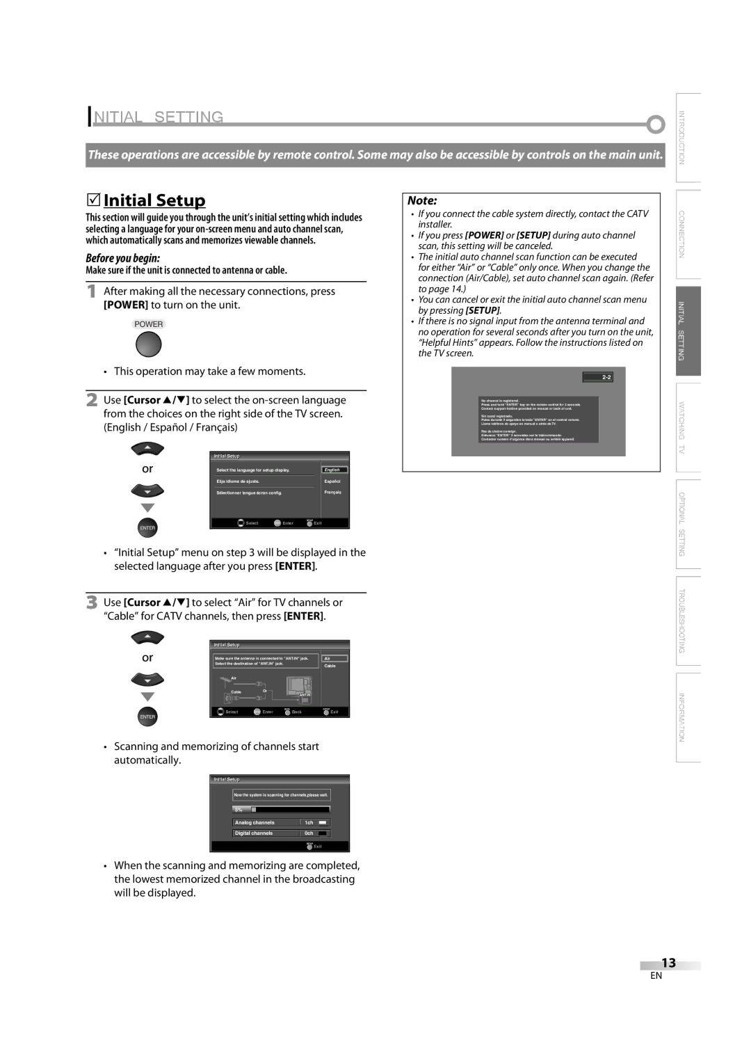 Sylvania lc320ss8 owner manual Initial Setting, 5Initial Setup, Make sure if the unit is connected to antenna or cable 