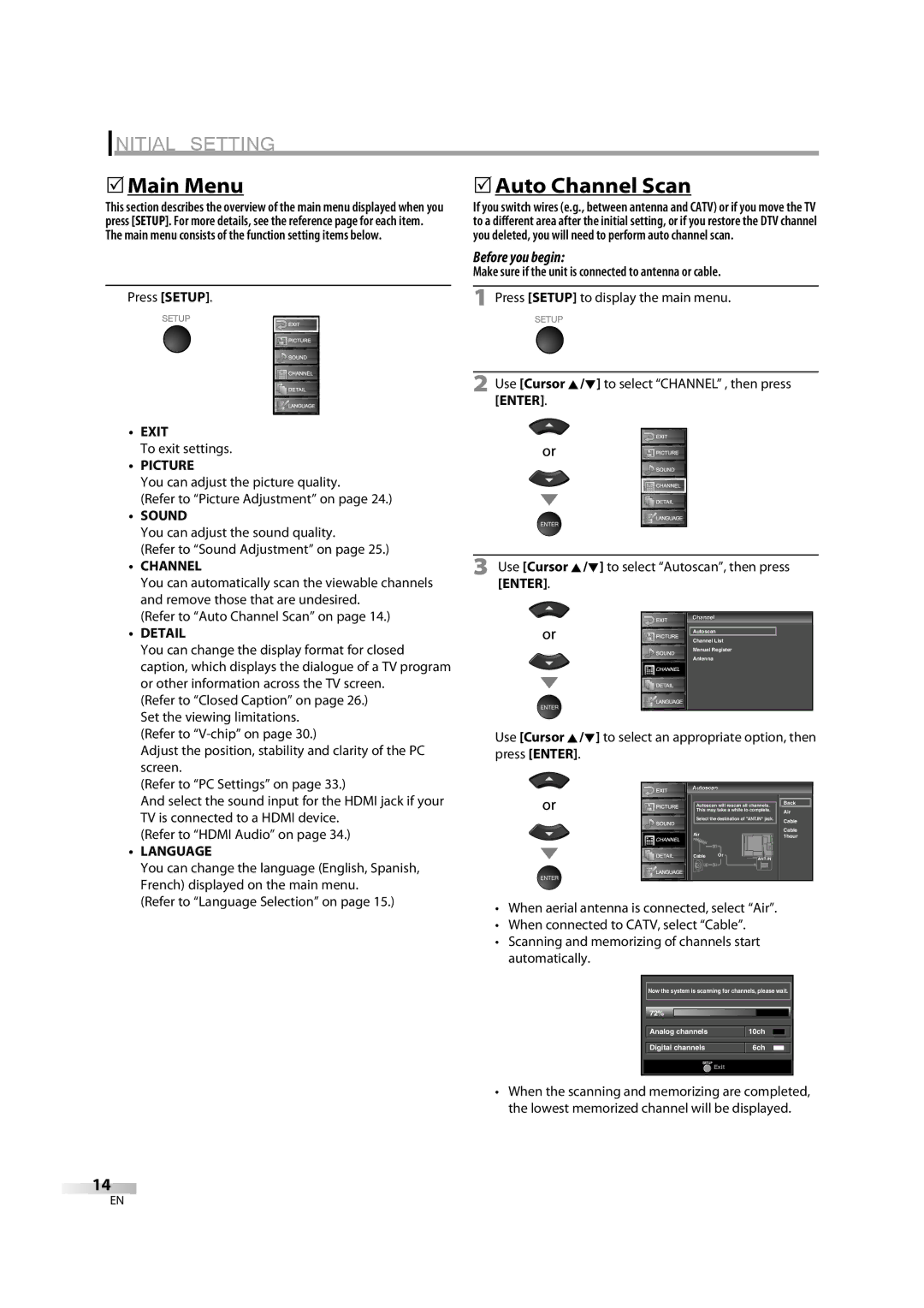 Sylvania lc320ss8 owner manual 5Main Menu, 5Auto Channel Scan 