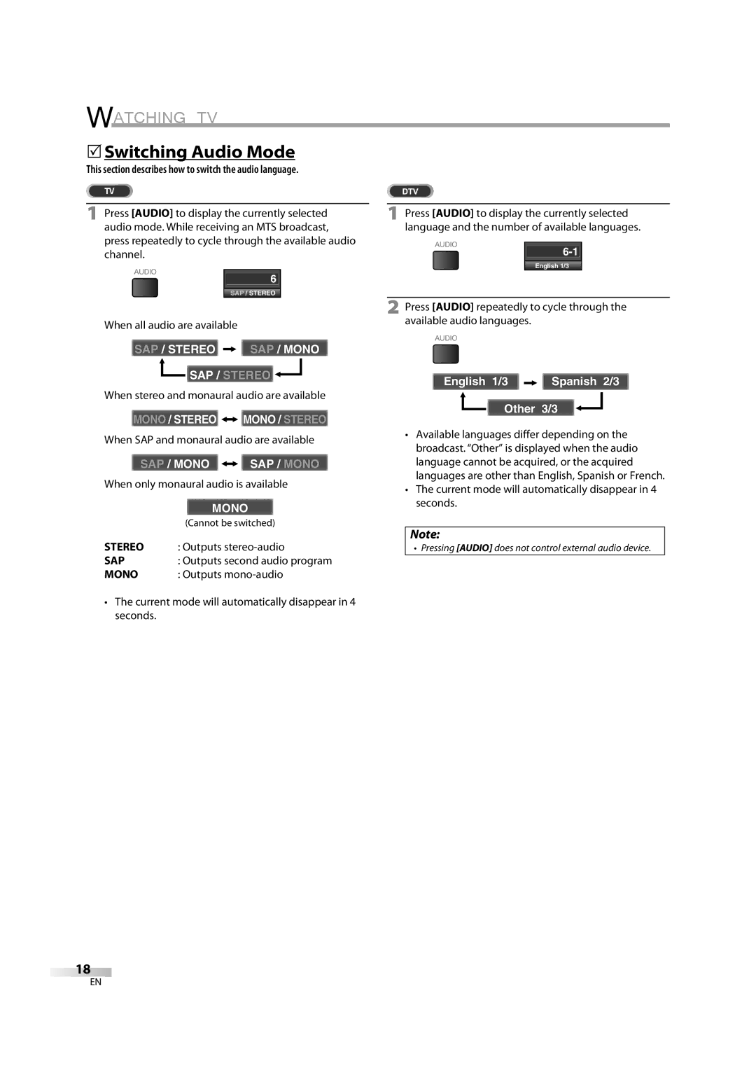 Sylvania lc320ss8 5Switching Audio Mode, This section describes how to switch the audio language, Stereo, Sap, Mono 