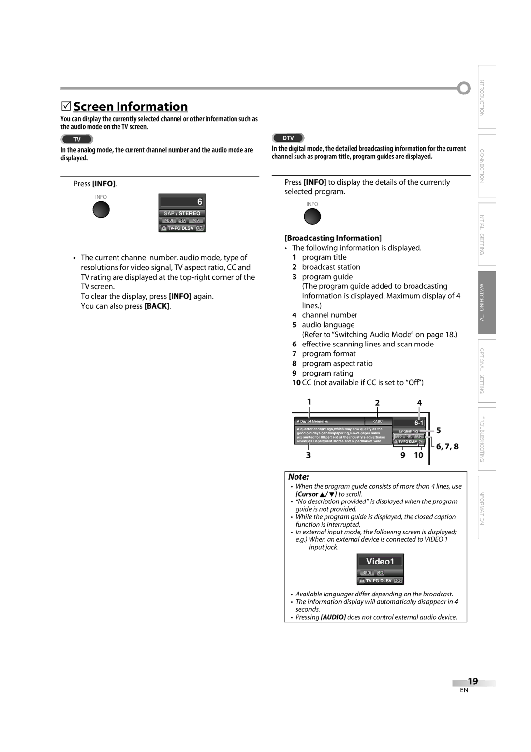 Sylvania lc320ss8 owner manual 5Screen Information, Press Info, Broadcasting Information, Day of Memories 