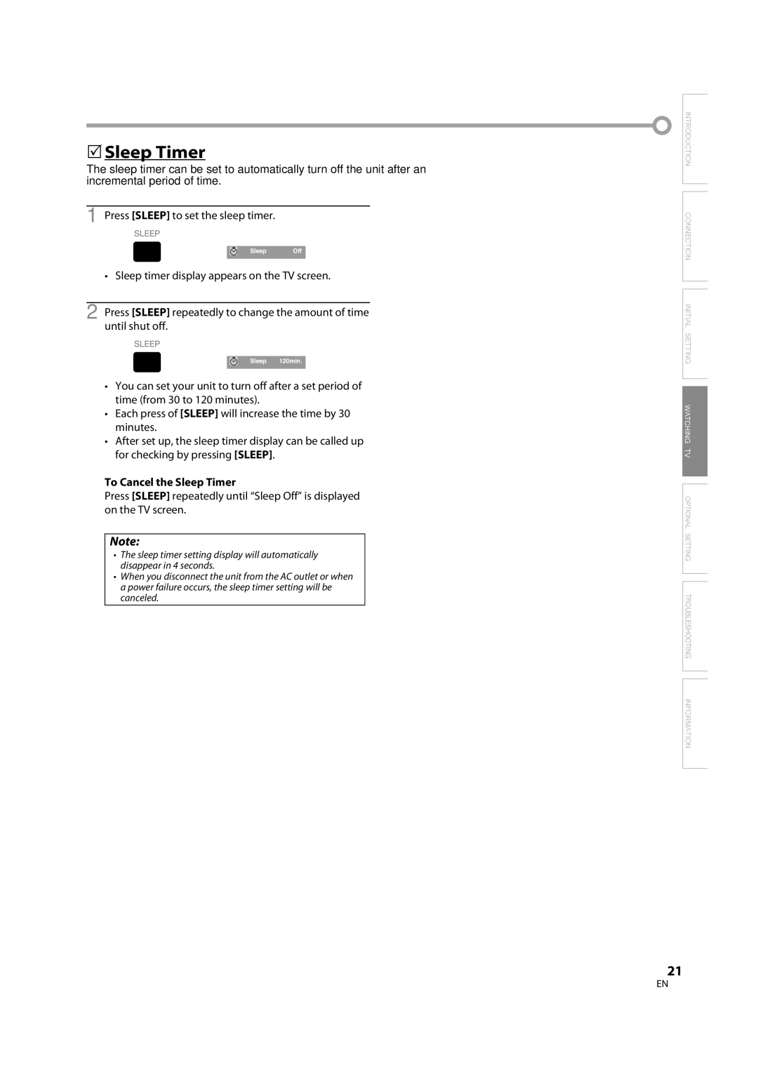 Sylvania lc320ss8 owner manual 5Sleep Timer, Press Sleep to set the sleep timer, To Cancel the Sleep Timer 