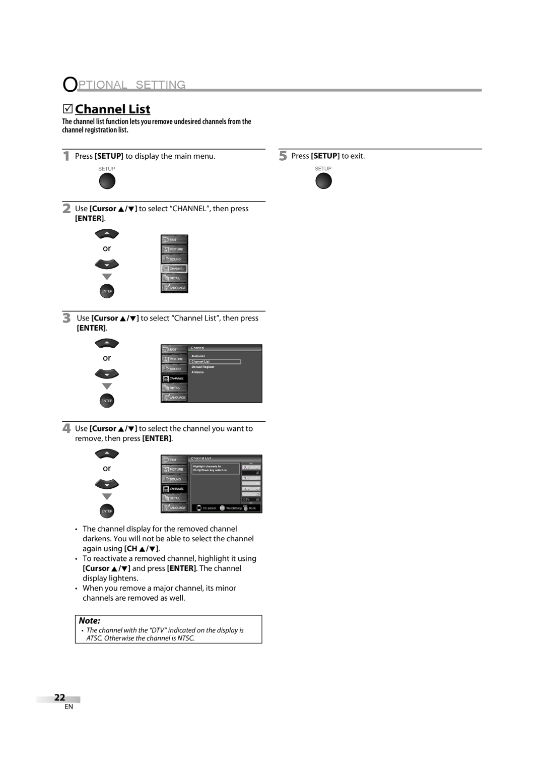 Sylvania lc320ss8 owner manual Optional Setting, 5Channel List, Channel l List 