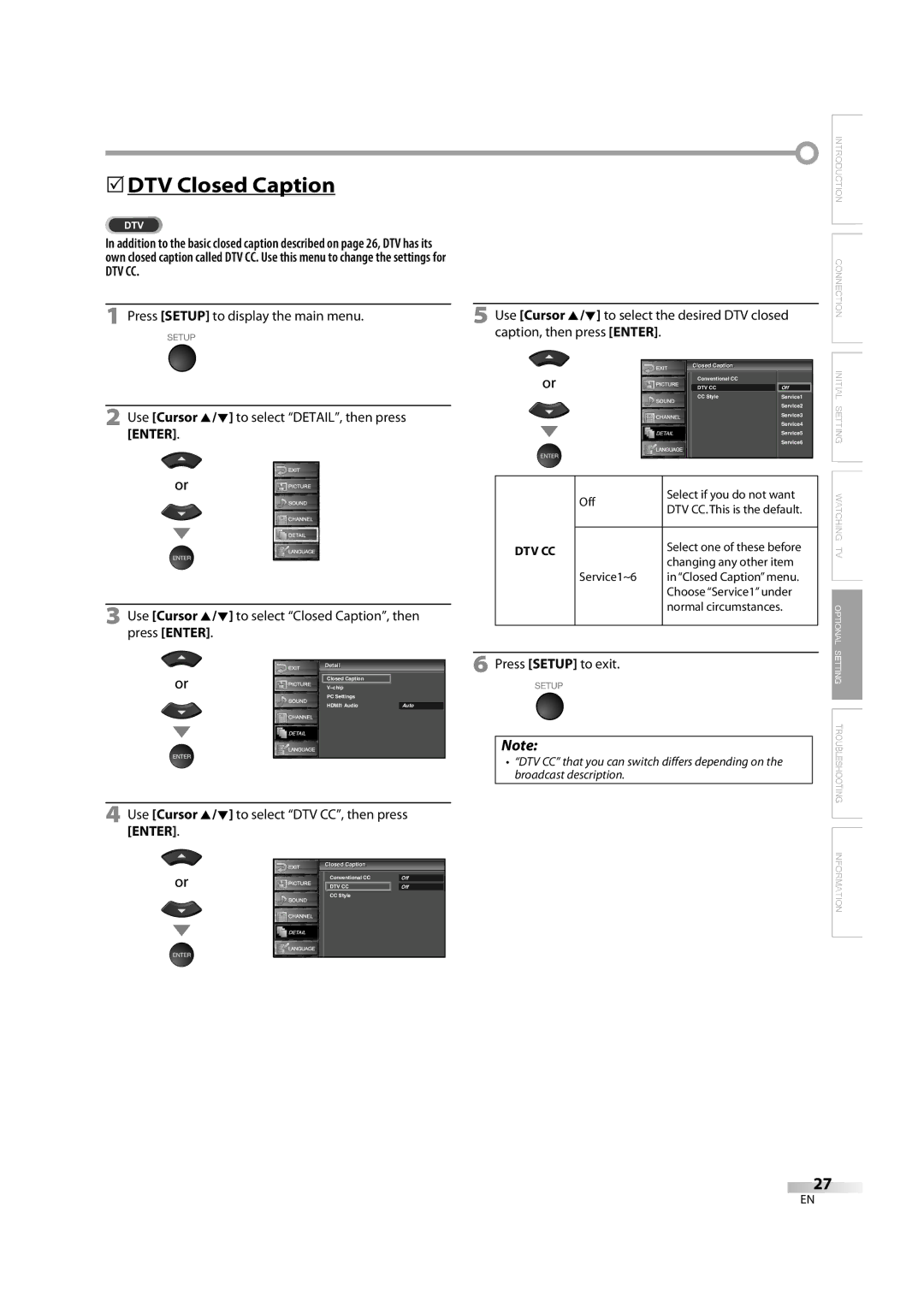 Sylvania lc320ss8 owner manual 5DTV Closed Caption, Dtv Cc, Use Cursor K/L to select DTV CC, then press Enter, Detailil 