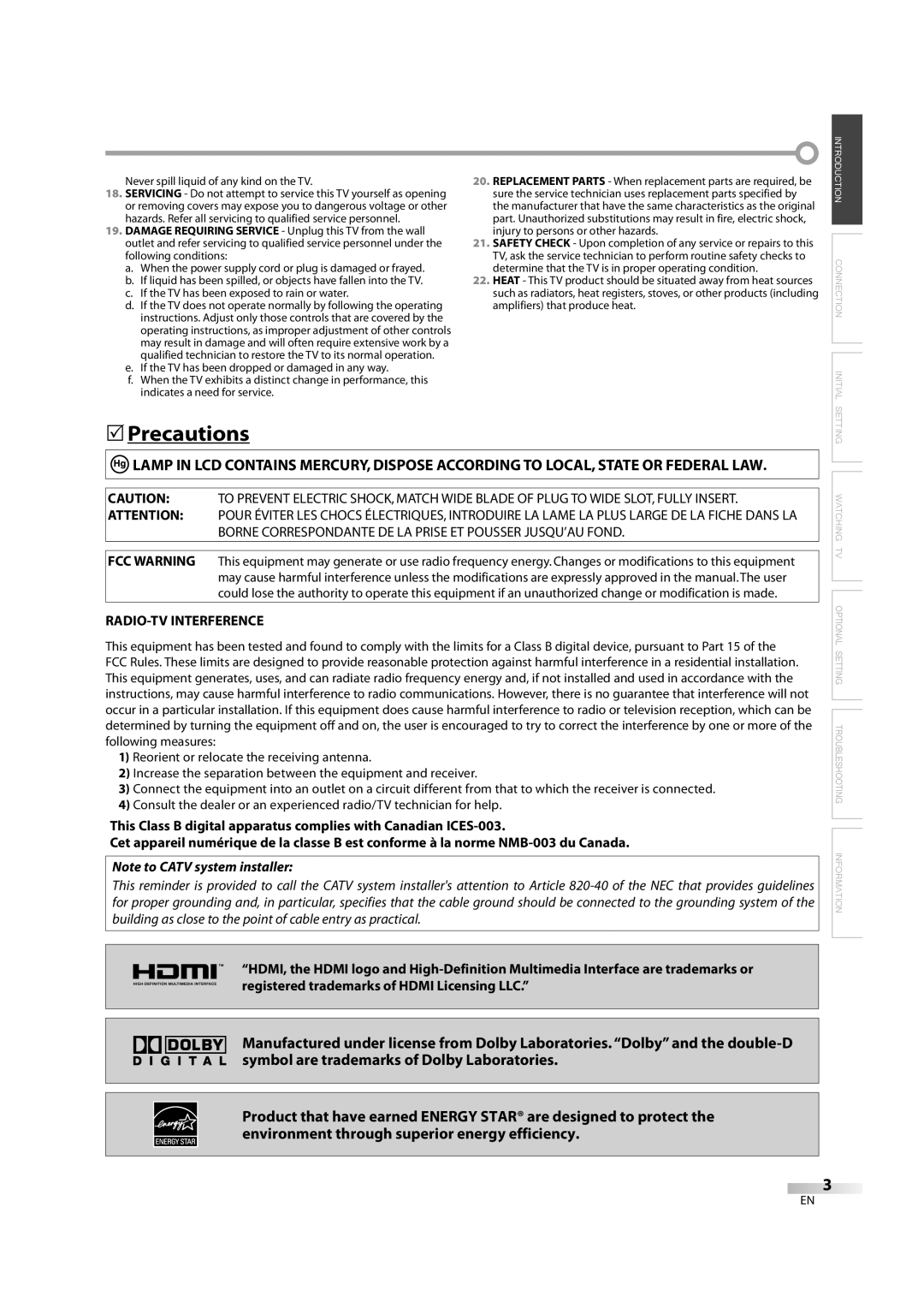 Sylvania lc320ss8 owner manual Precautions, RADIO-TV Interference 