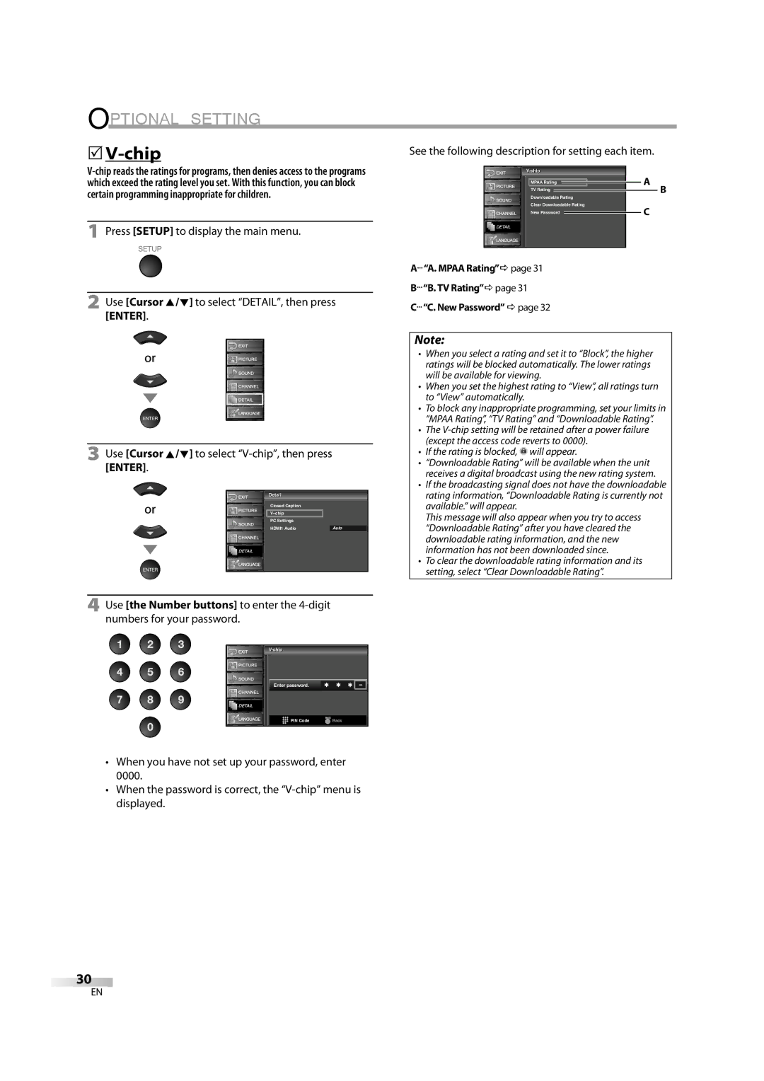 Sylvania lc320ss8 owner manual Mpaa RatingDpage TV RatingDpage, New Password Dpage, Chip ip, Chipip Enter password 