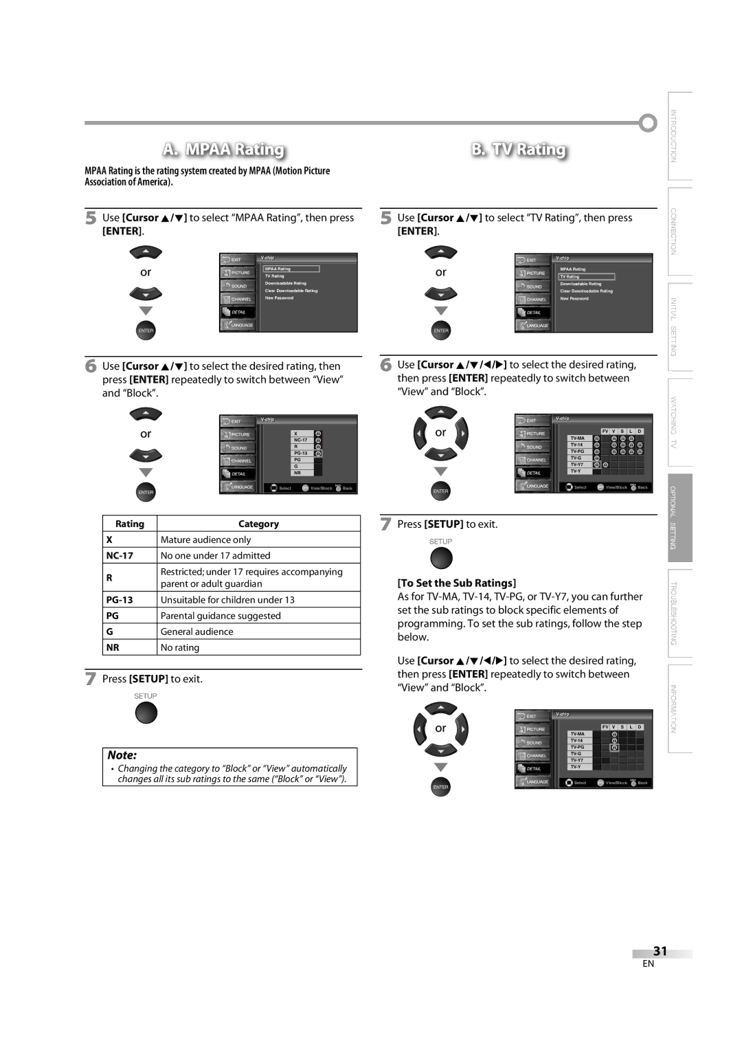 Sylvania lc320ss8 owner manual Association of America, Use Cursor K/L to select TV Rating, then press, Block View and Block 