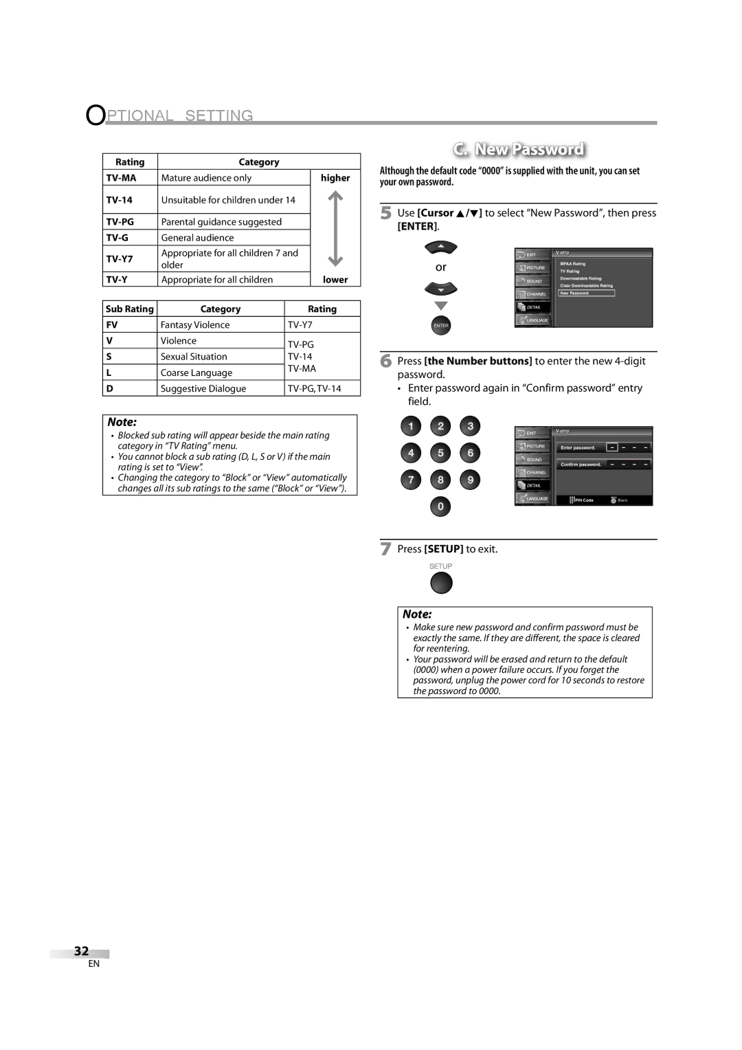 Sylvania lc320ss8 owner manual Use Cursor K/L to select New Password, then press Enter, TV-14, Category Rating 