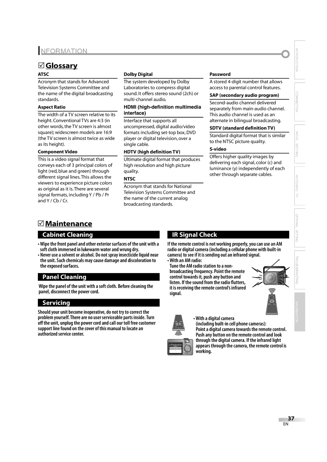 Sylvania lc320ss8 owner manual Information, Glossary, Maintenance, Atsc, Ntsc 