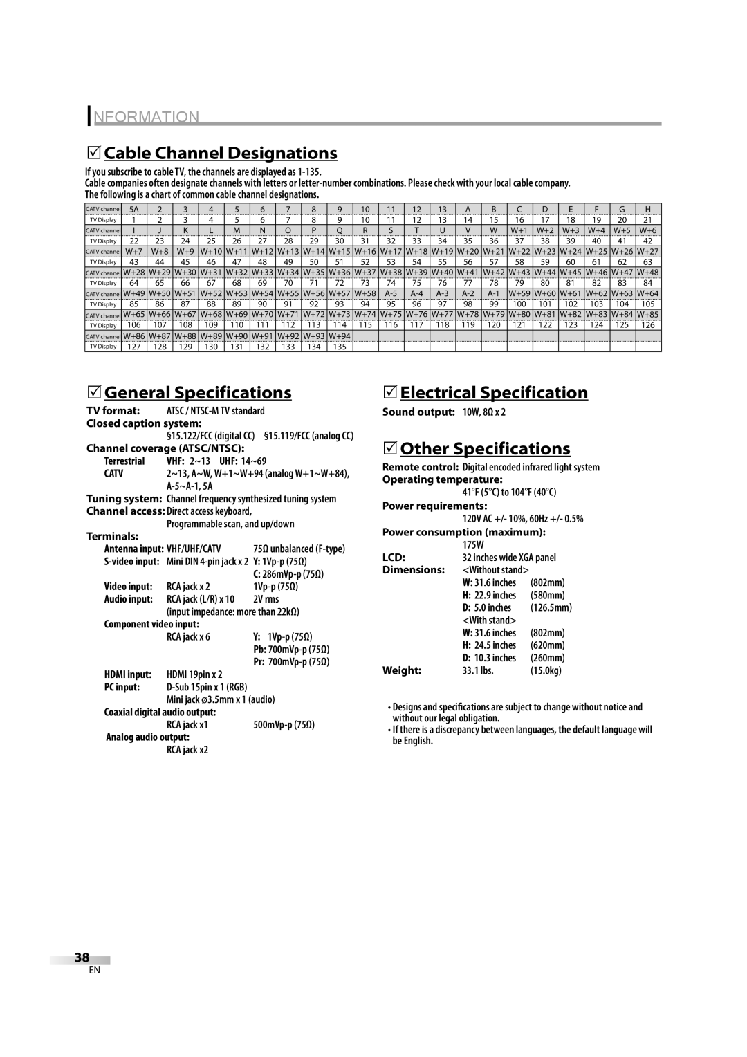 Sylvania lc320ss8 5Cable Channel Designations, 5General Specifications, 5Electrical Specification, 5Other Specifications 