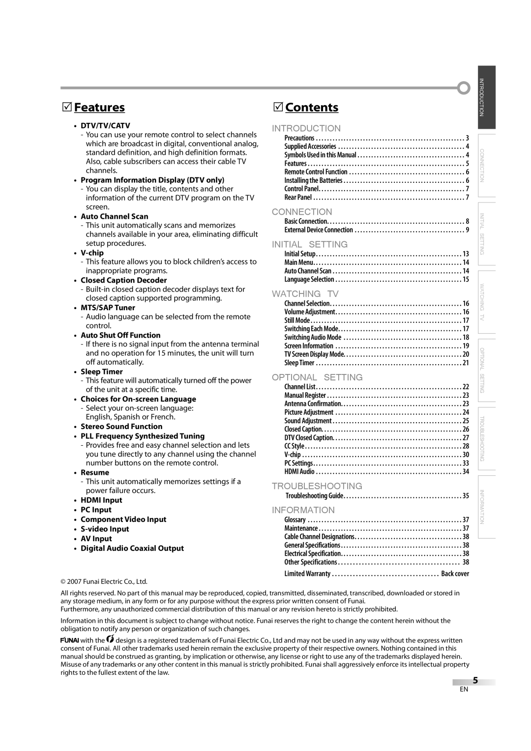 Sylvania lc320ss8 owner manual Features, Contents, Dtv/Tv/Catv 