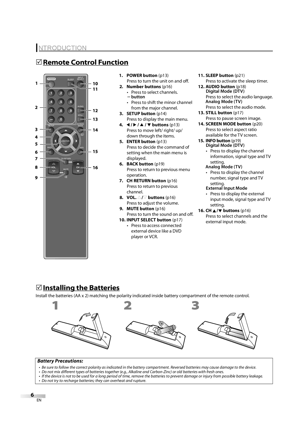 Sylvania lc320ss8 owner manual 5Remote Control Function, 5Installing the Batteries 