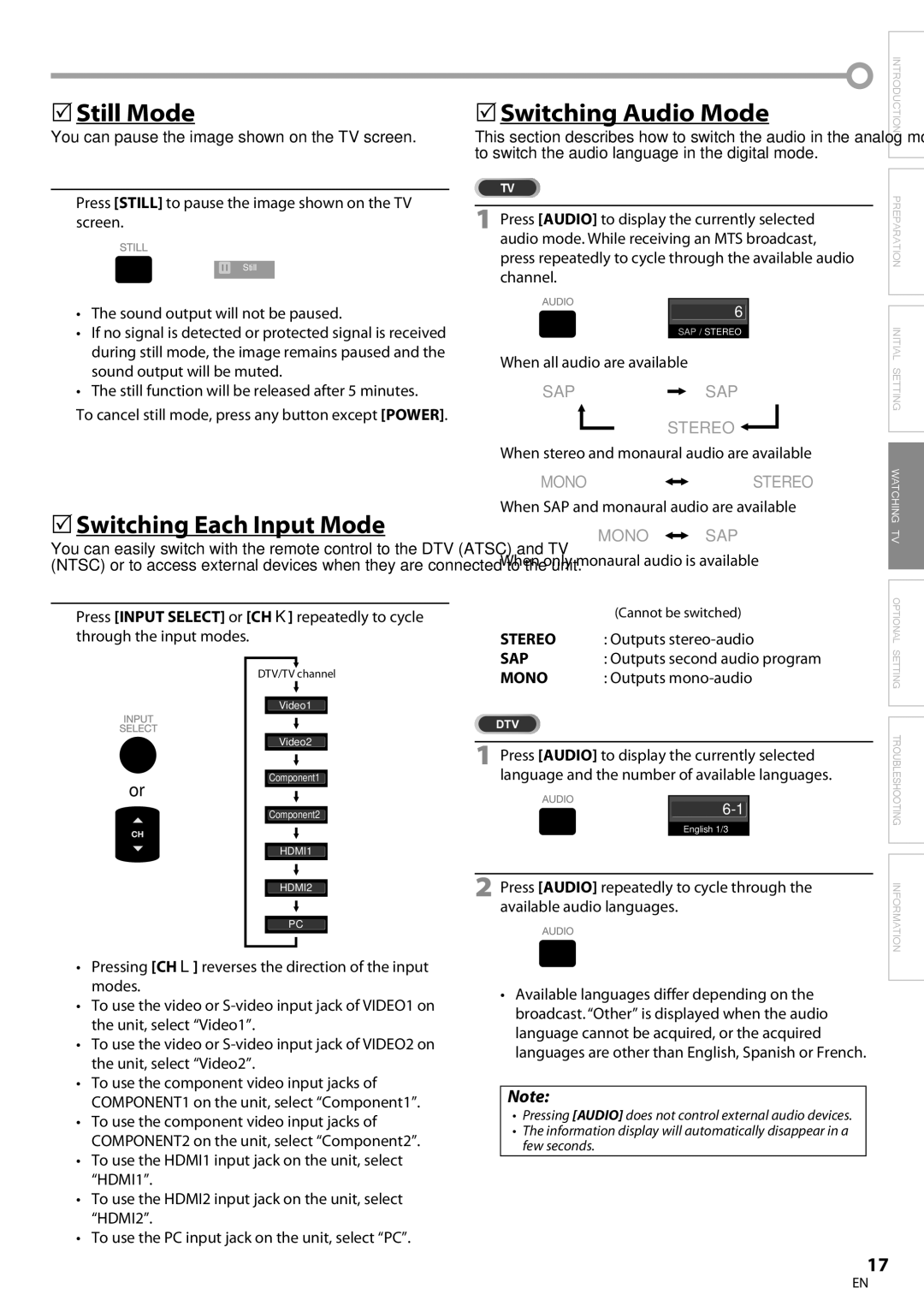 Sylvania LC320SS9 B, LC320SS9 A owner manual 5Still Mode, 5Switching Each Input Mode, 5Switching Audio Mode 