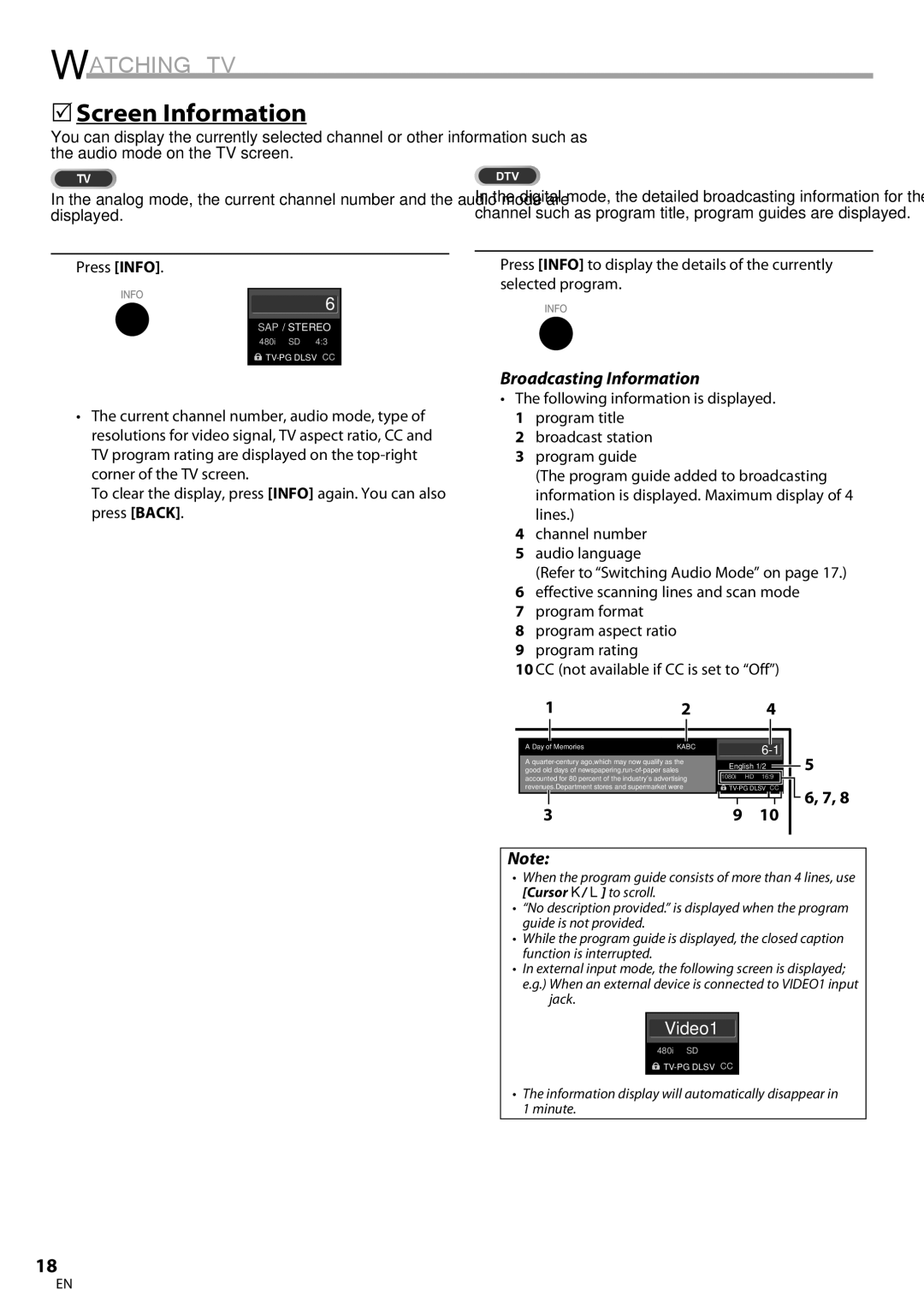 Sylvania LC320SS9 B, LC320SS9 A owner manual 5Screen Information, Broadcasting Information, Press Info, Day of Memoriesi 