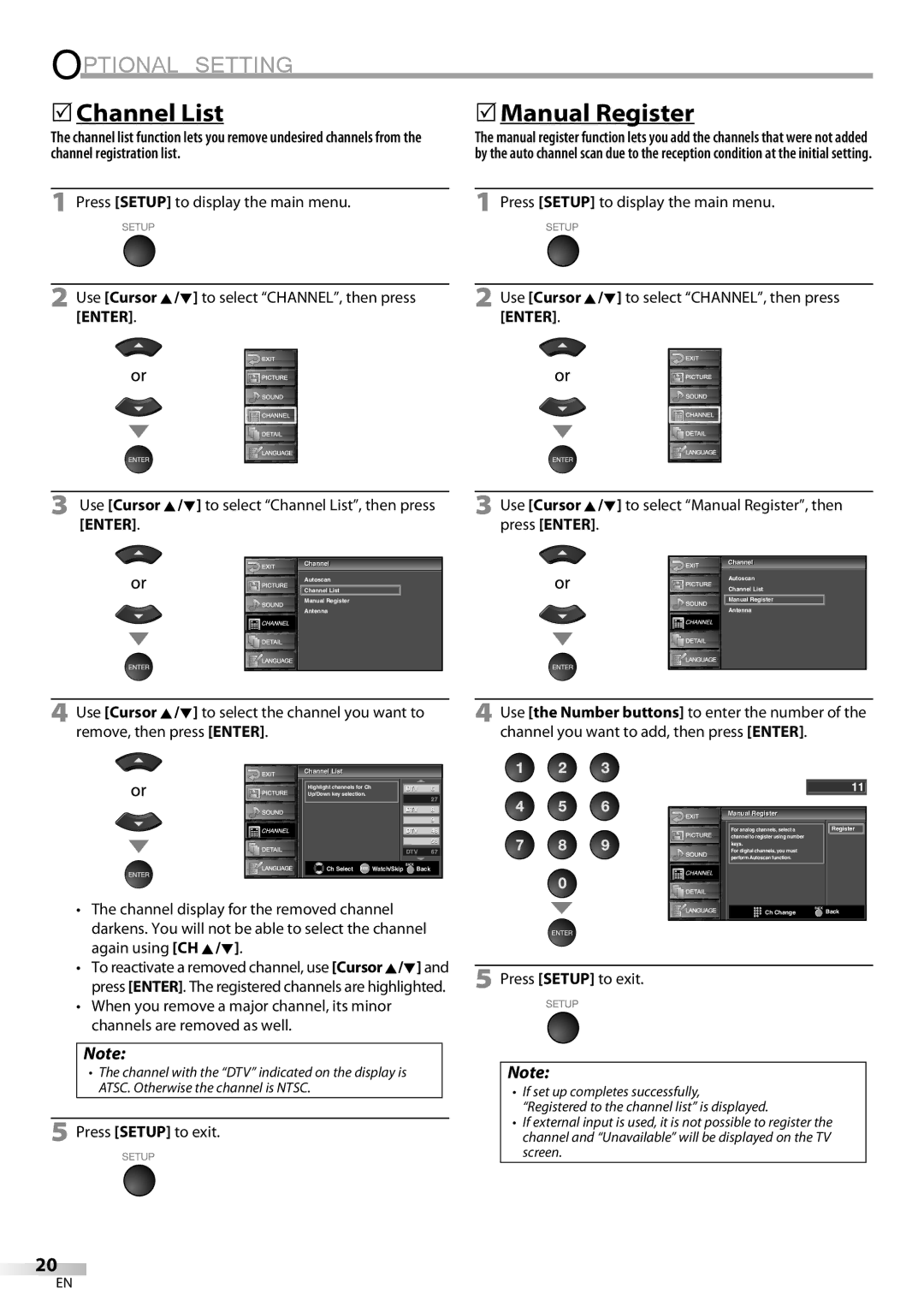Sylvania LC320SS9 B, LC320SS9 A owner manual Optional Setting, 5Channel List, 5Manual Register, Enter 