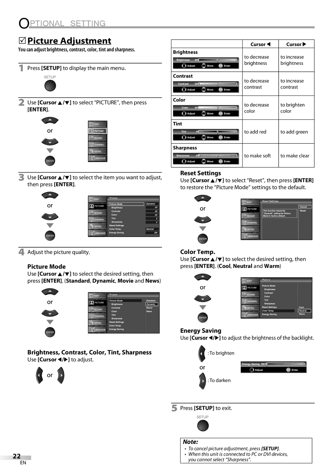 Sylvania LC320SS9 A Reset Settings, Picture Mode, Brightness, Contrast, Color, Tint, Sharpness, Color Temp, Energy Saving 