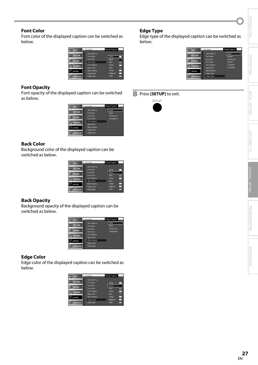 Sylvania LC320SS9 B, LC320SS9 A owner manual Font Color, Font Opacity, Back Color, Back Opacity, Edge Color, Edge Type 