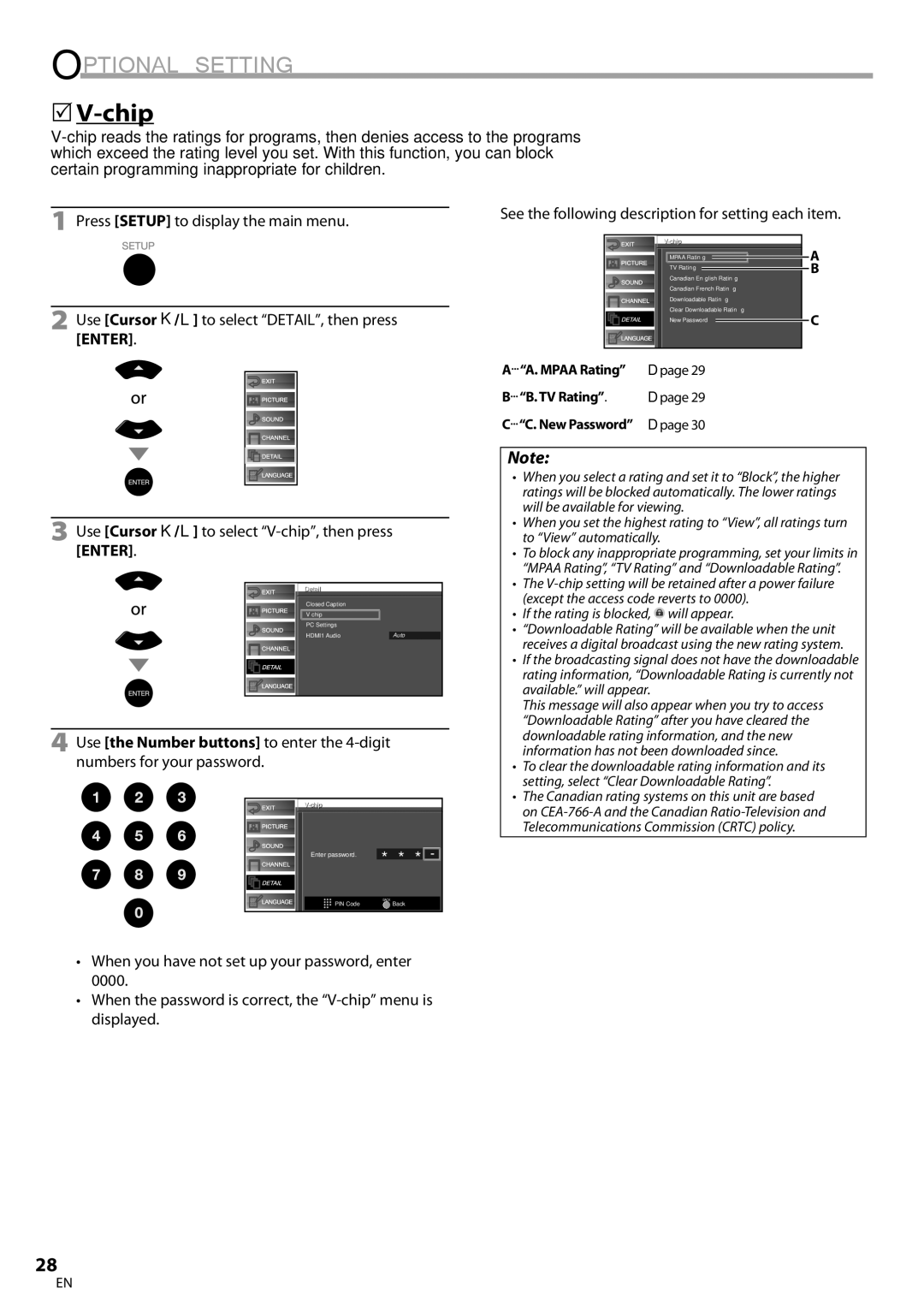 Sylvania LC320SS9 A, LC320SS9 B owner manual Use Cursor K/L to select V-chip, then press Enter, Chip ip, Enter password 