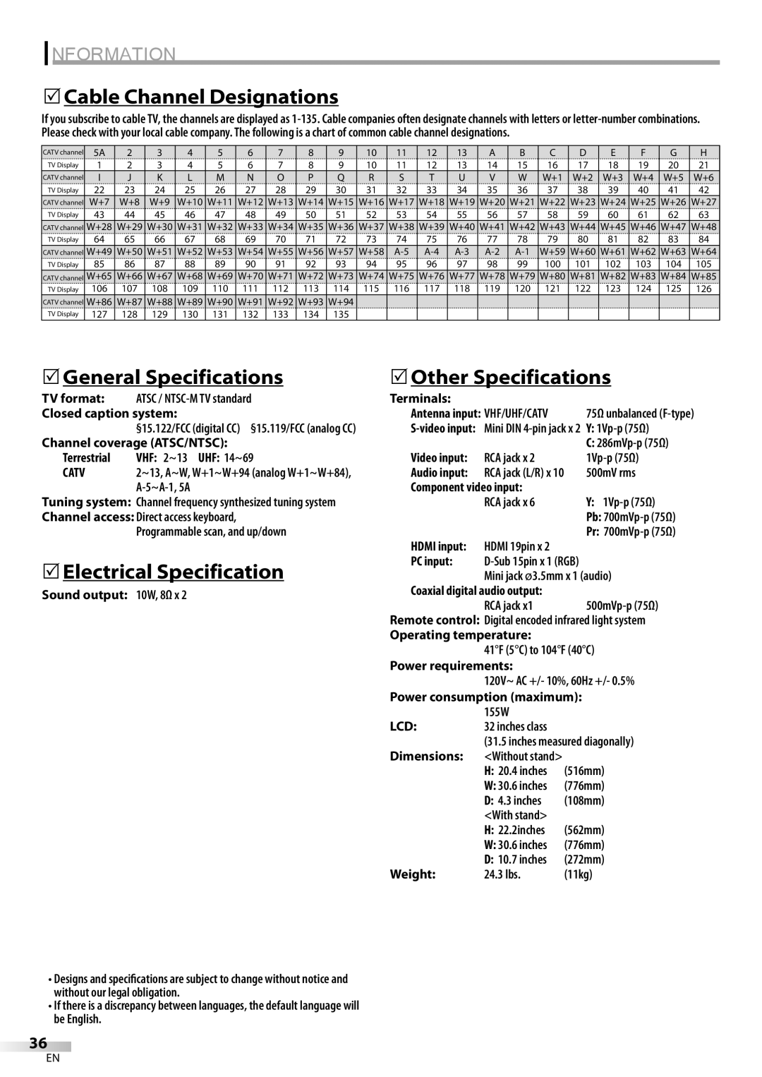 Sylvania LC320SS9 B 5Cable Channel Designations, 5General Specifications, 5Electrical Specification, 5Other Specifications 