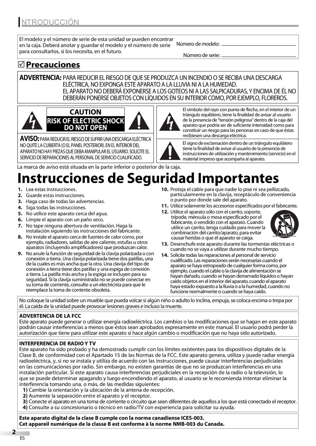 Sylvania LC320SS9 A Introducción, Precauciones, Número de serie, Advertencia DE LA FCC, Interferencia DE Radio Y TV 