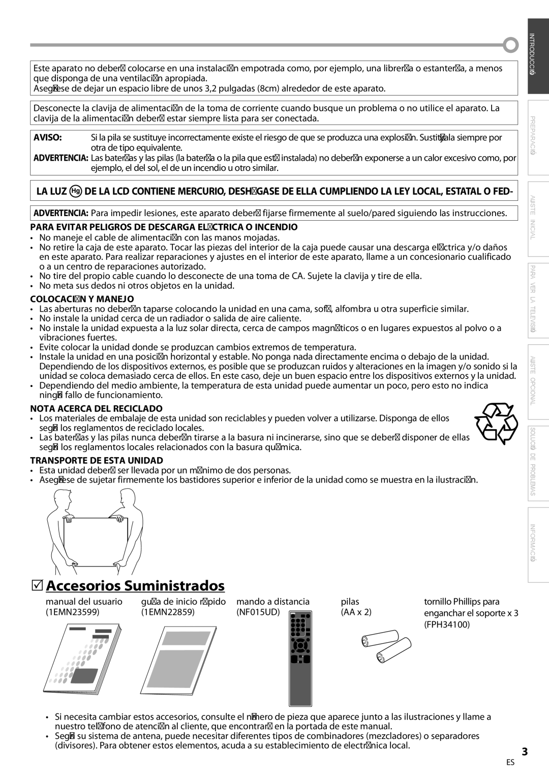 Sylvania LC320SS9 5Accesorios Suministrados, Para Evitar Peligros DE Descarga Eléctrica O Incendio, Colocación Y Manejo 