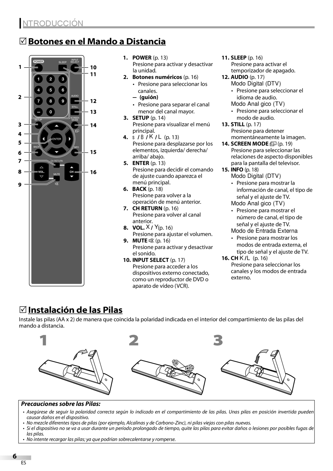 Sylvania LC320SS9 B 5Botones en el Mando a Distancia, 5Instalación de las Pilas, Precauciones sobre las Pilas 