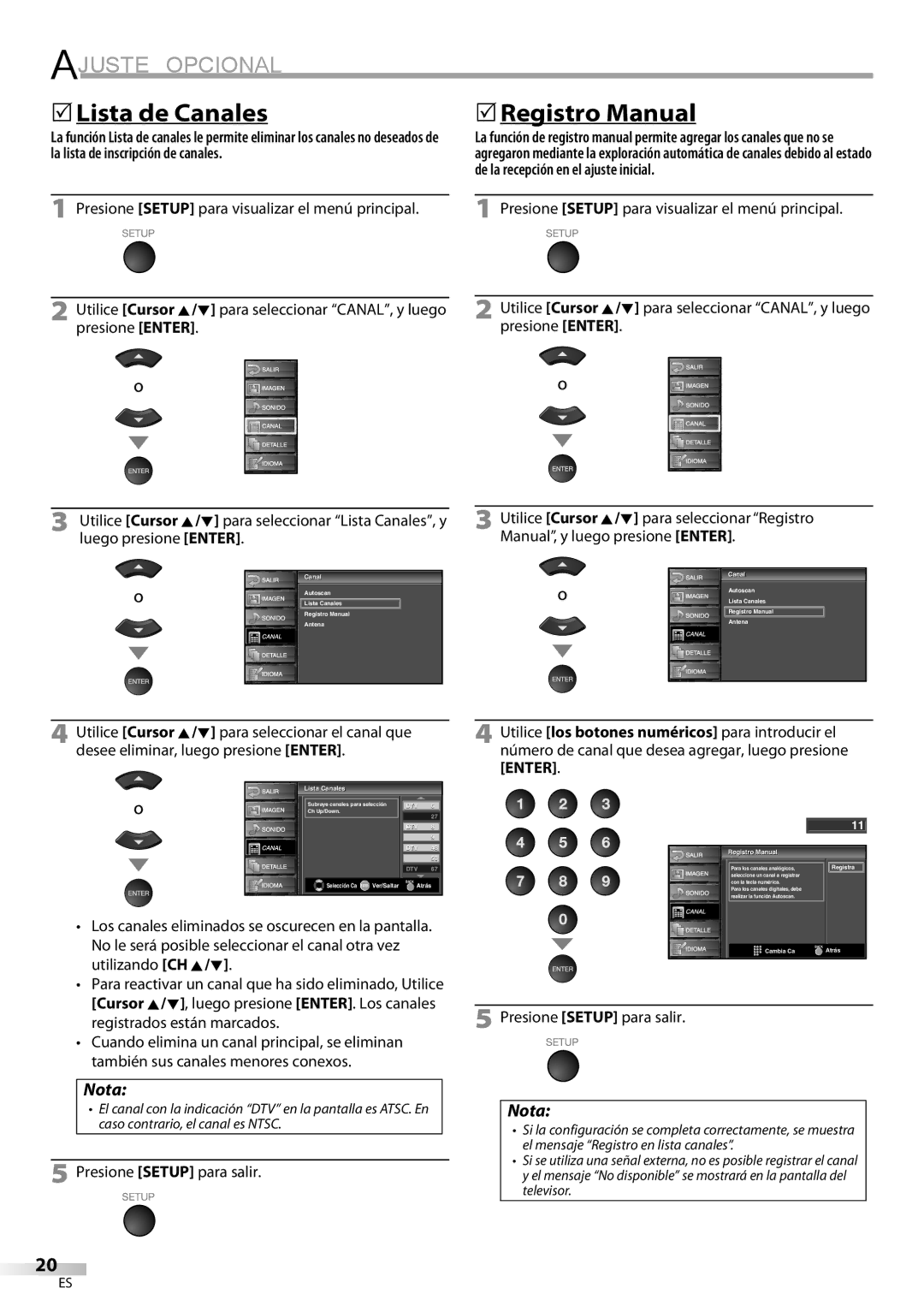 Sylvania LC320SS9 A, LC320SS9 B owner manual Ajuste Opcional, 5Lista de Canales, 5Registro Manual, Presione Setup para salir 