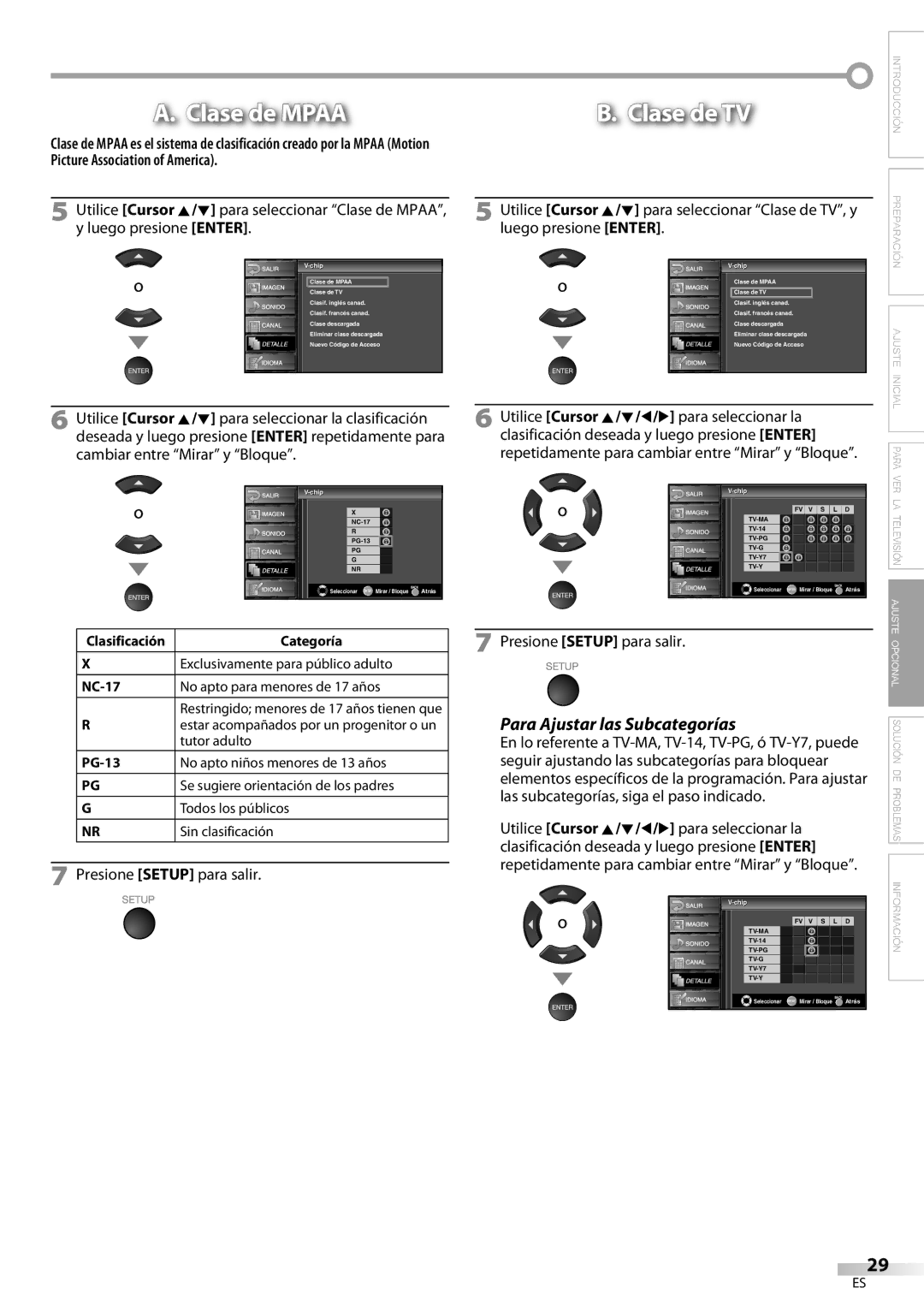 Sylvania LC320SS9 A, LC320SS9 B owner manual Para Ajustar las Subcategorías, Picture Association of America 