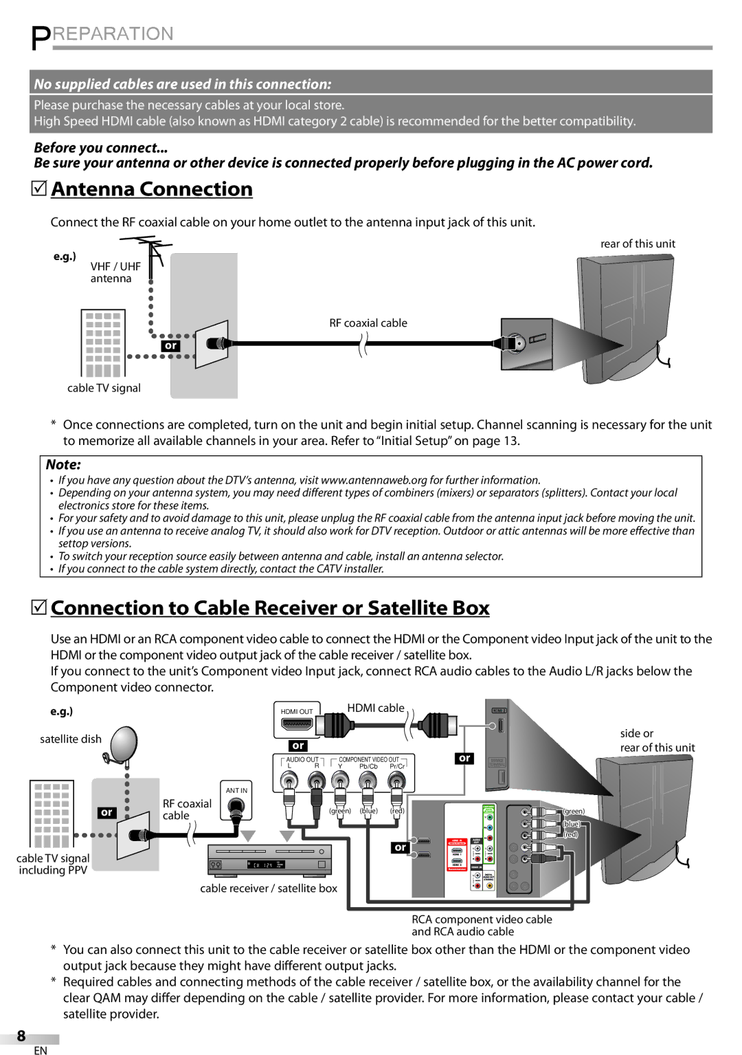 Sylvania LC320SSX owner manual Preparation,  Antenna Connection,  Connection to Cable Receiver or Satellite Box 