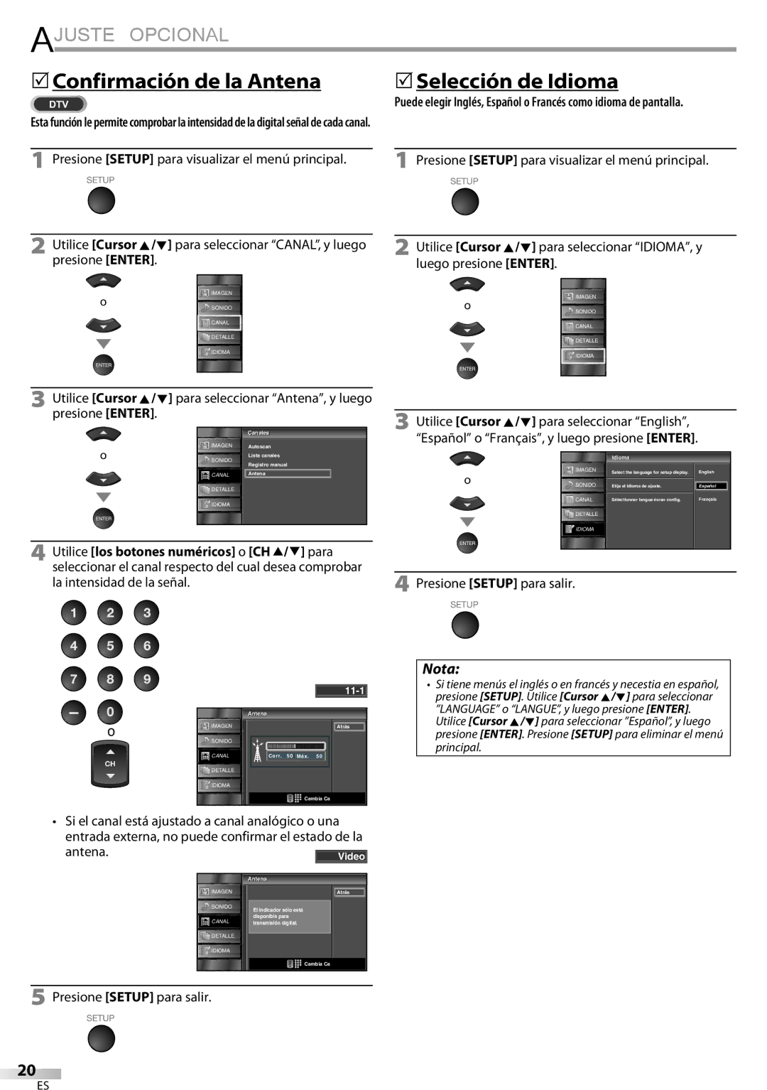 Sylvania LC320SSX owner manual Confirmación de la Antena Selección de Idioma, Antena.Video, Idioma I 