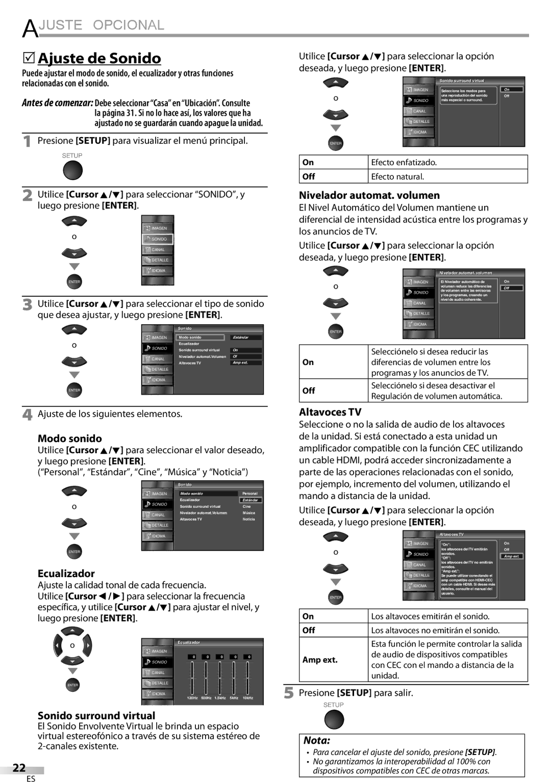 Sylvania LC320SSX owner manual  Ajuste de Sonido, Nivelador automat. volumen, Sonido surround virtual 