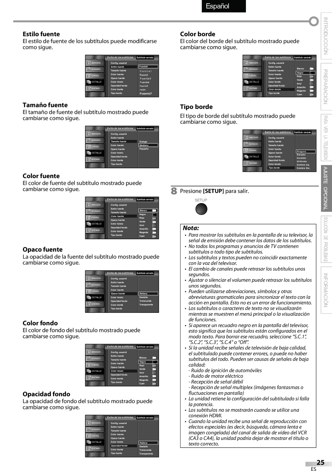 Sylvania LC320SSX owner manual Tamaño fuente, Color fuente, Tipo borde, Opaco fuente, Color fondo, Opacidad fondo 