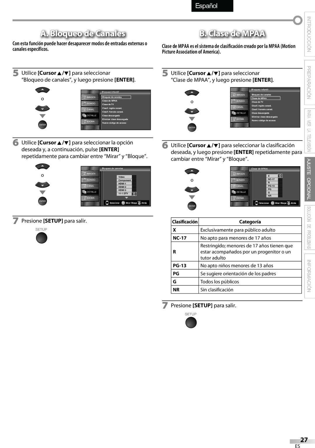 Sylvania LC320SSX owner manual Bloqueo de Canales, Clase de Mpaa, Categoría 