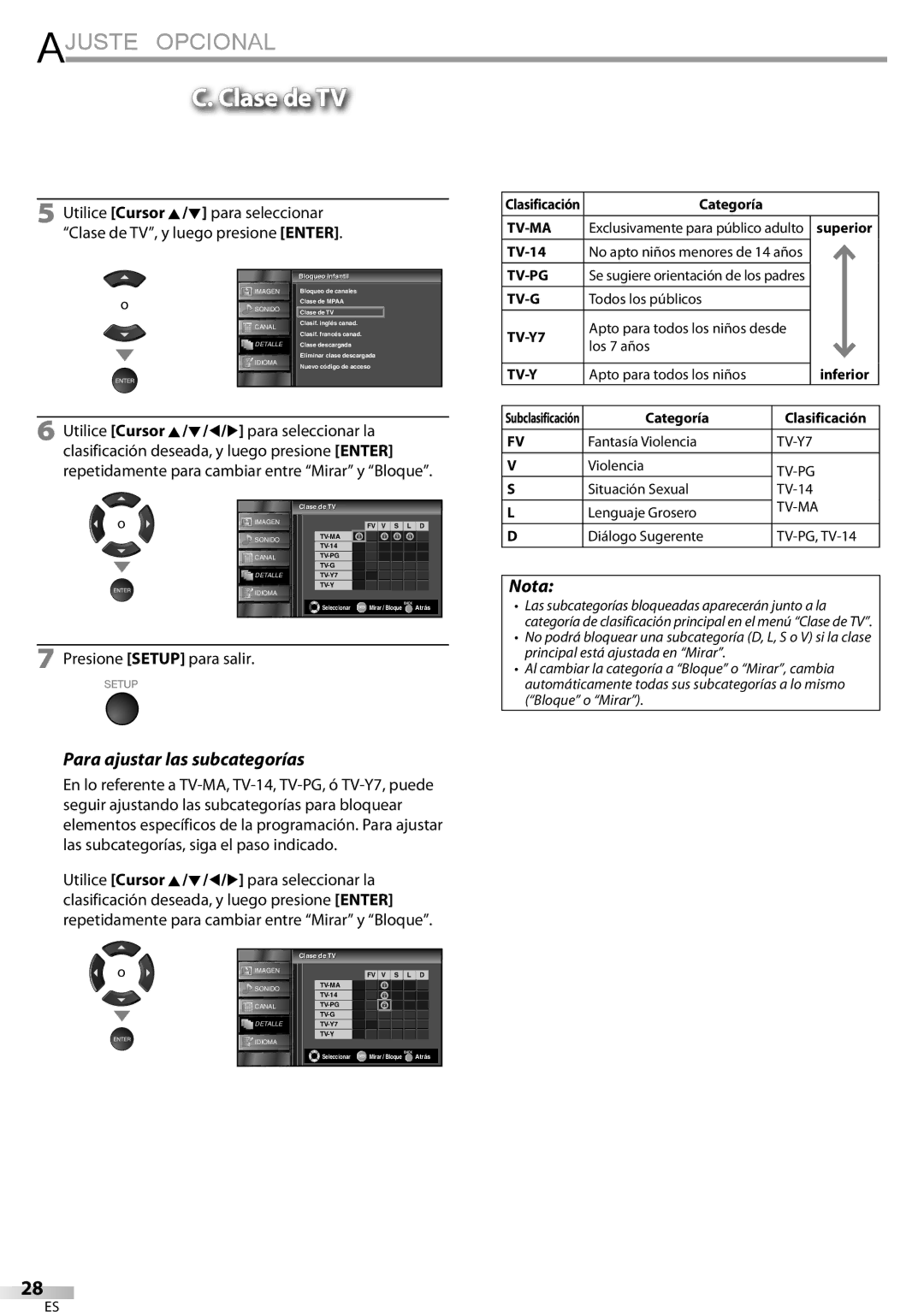 Sylvania LC320SSX owner manual Clase de TV, Para ajustar las subcategorías, Todos los públicos, Apto para todos los niños 