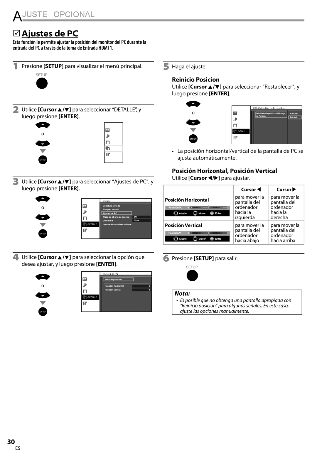 Sylvania LC320SSX owner manual  Ajustes de PC, Reinicio Posicion, Posición Horizontal, Posición Vertical 