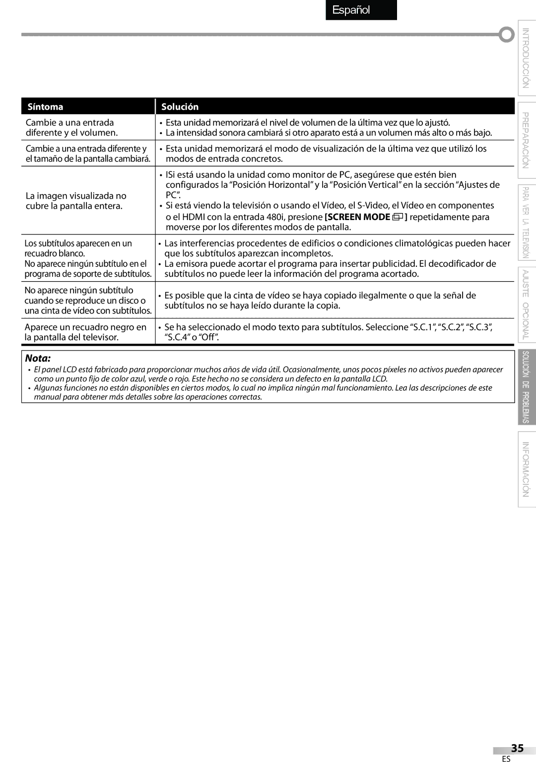 Sylvania LC320SSX owner manual Modos de entrada concretos, La imagen visualizada no Cubre la pantalla entera 