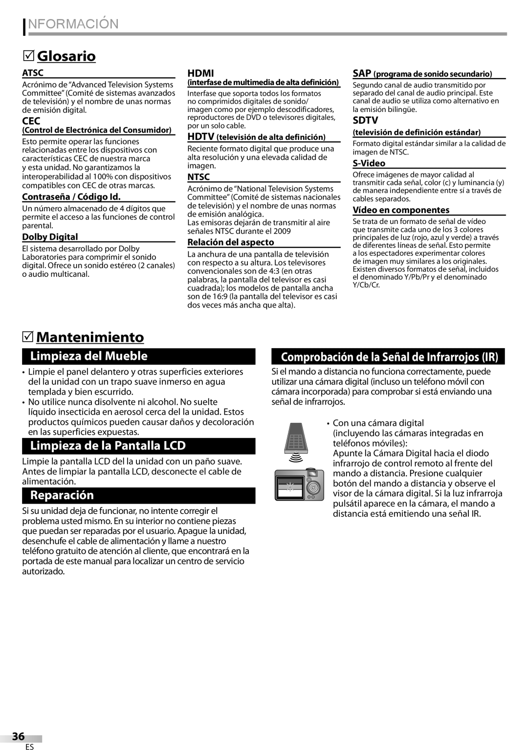 Sylvania LC320SSX owner manual Información,  Glosario,  Mantenimiento 