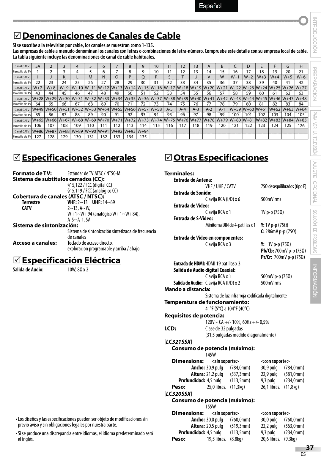 Sylvania LC320SSX  Denominaciones de Canales de Cable,  Especificaciones Generales,  Especificación Eléctrica 