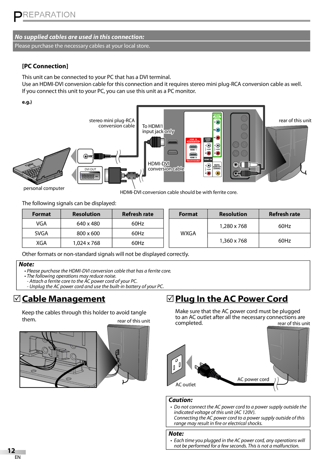 Sylvania LC320SSX owner manual  Cable Management,  Plug In the AC Power Cord, PC Connection, Resolution 