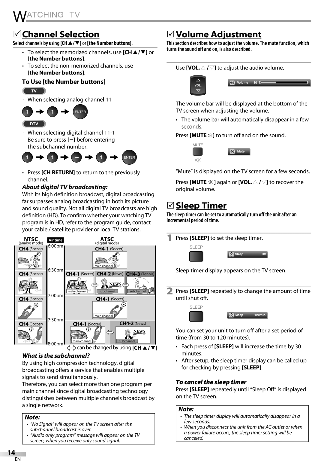 Sylvania LC320SSX owner manual Watching TV,  Channel Selection,  Volume Adjustment,  Sleep Timer 