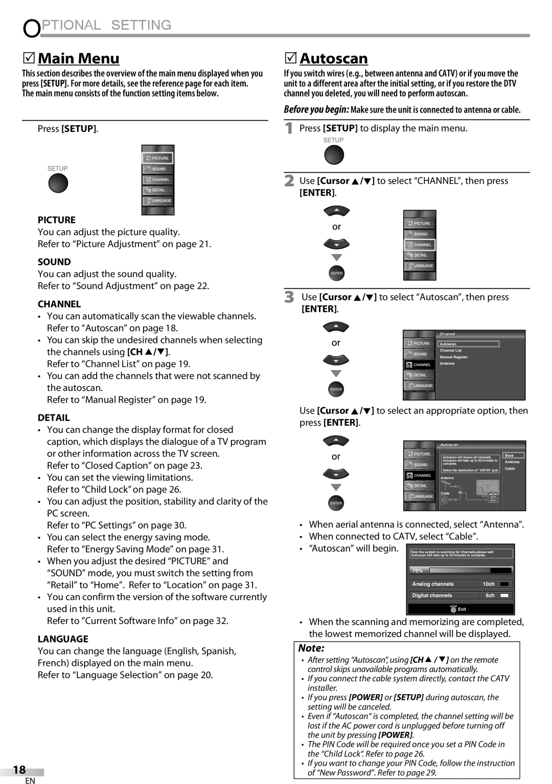 Sylvania LC320SSX owner manual Optional Setting,  Main Menu,  Autoscan 