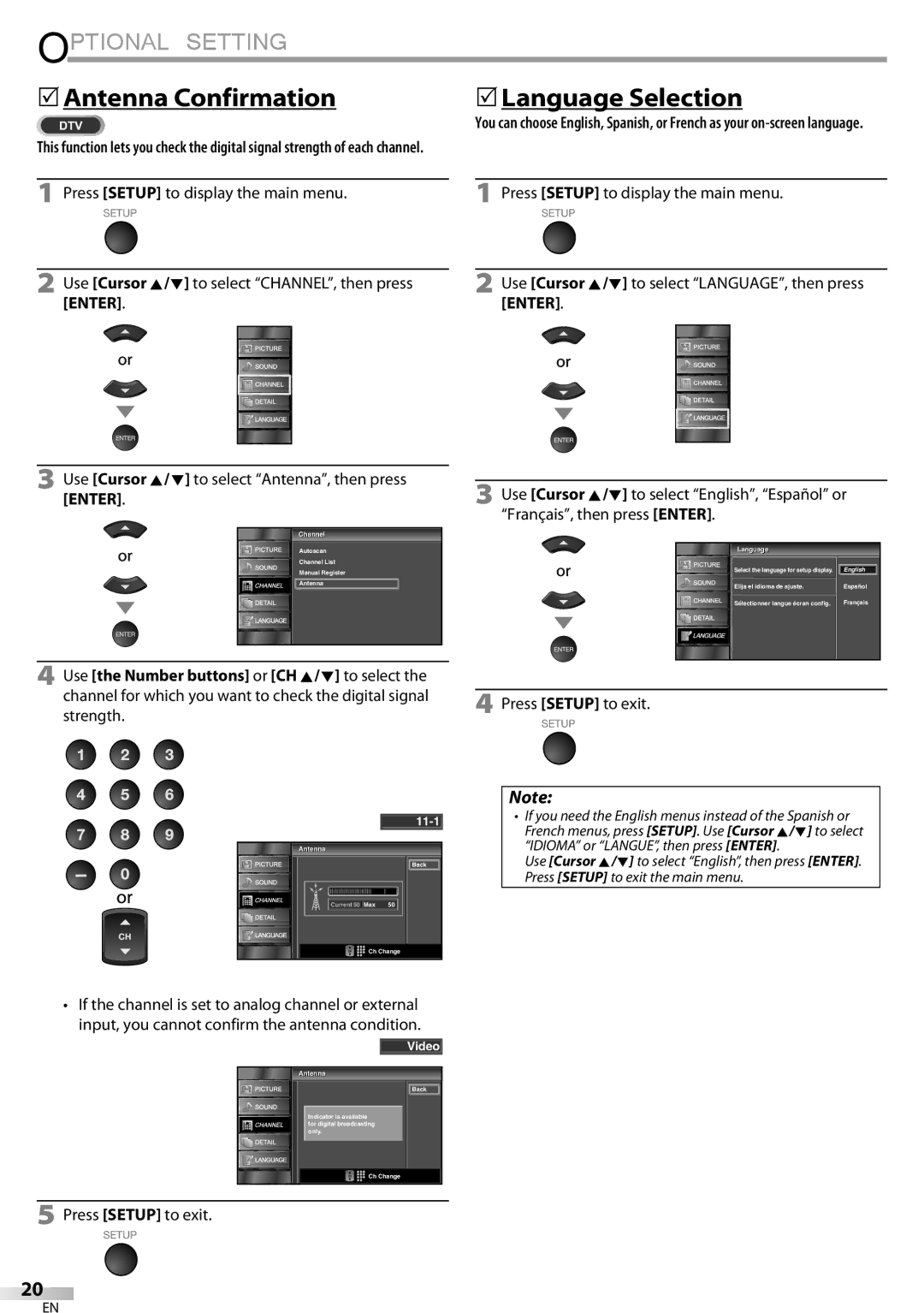 Sylvania LC320SSX owner manual Antenna Confirmation, Language 